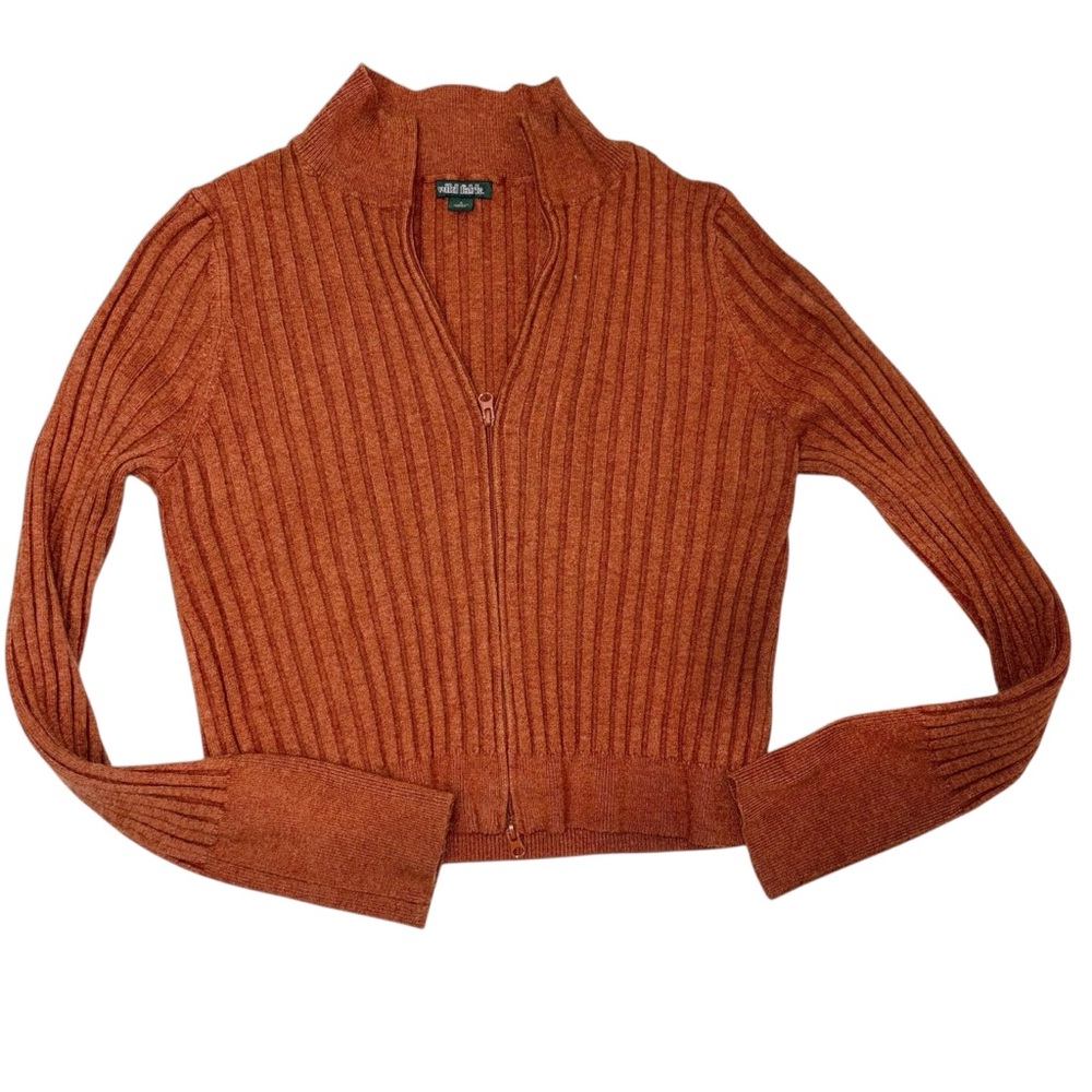 Wild Fable Fuzzy Cropped Cardigan Sweater Rust Orange Ribbed stretchy Sz L